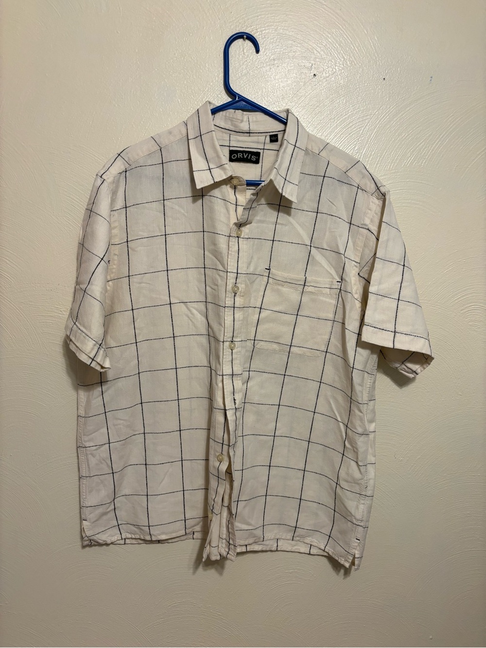 Orvis Linen Cotton Windowpane Short Sleeve Button Shirt L